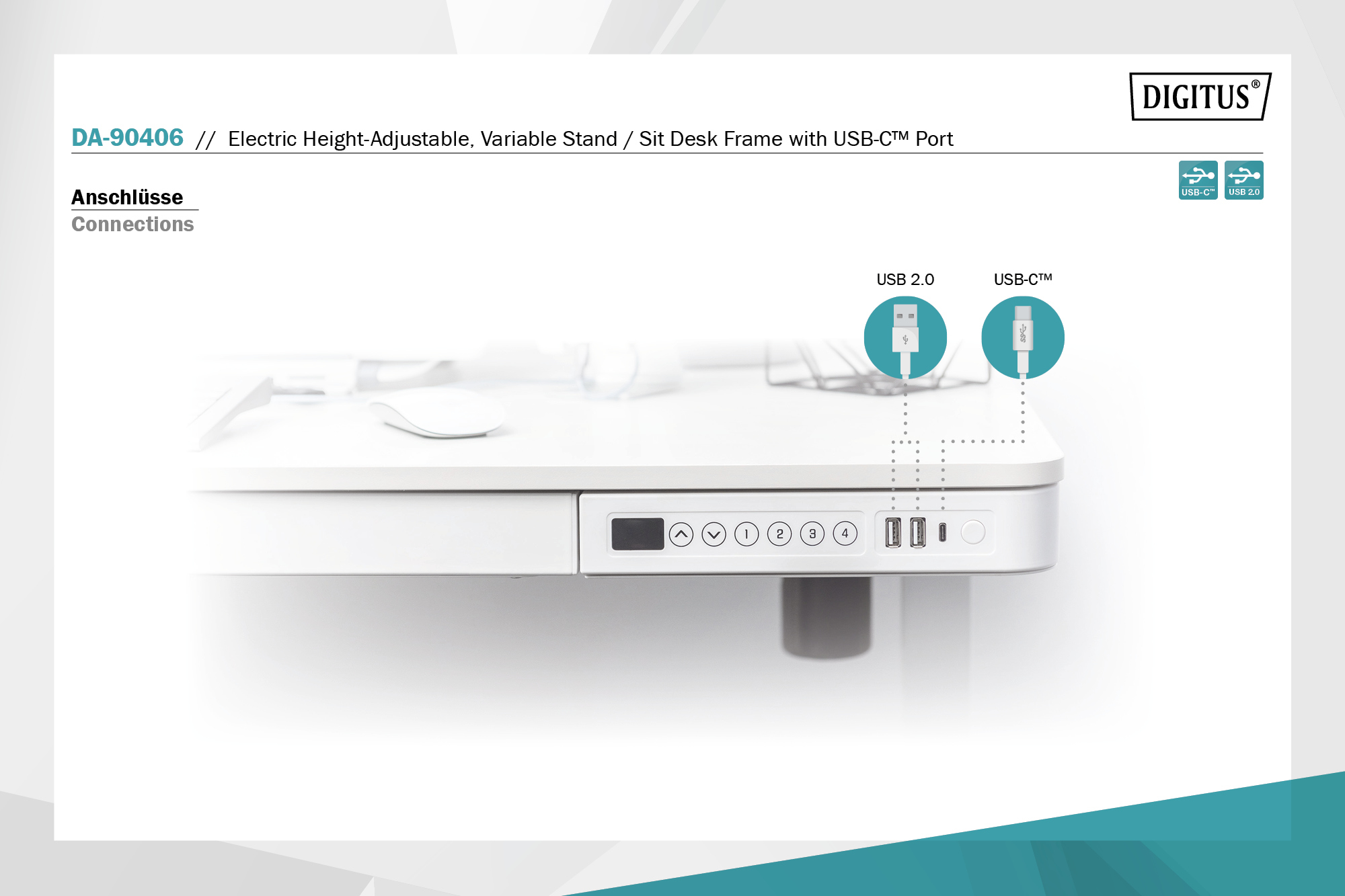 Electric Height Adjustable Desk, 72 - 121 cm, Maximum load weight 50 kg, Metal, White