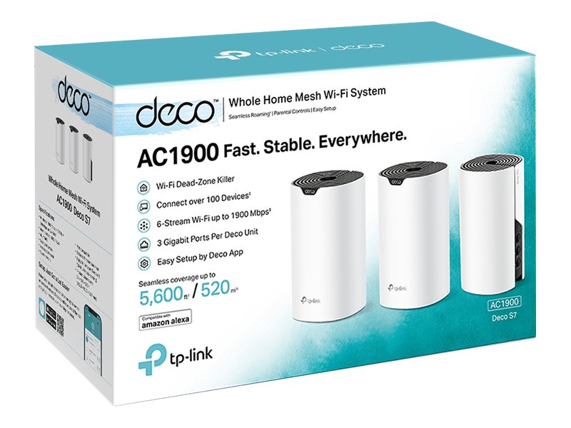 AC1900 Whole Home Mesh Wi-Fi System, Deco S7 (3-pack), 802.11ac, 10/100/1000 Mbit/s, Ethernet LAN (RJ-45) ports 1, Mesh Support Yes, MU-MiMO Yes, No mobile broadband, Antenna type Internal