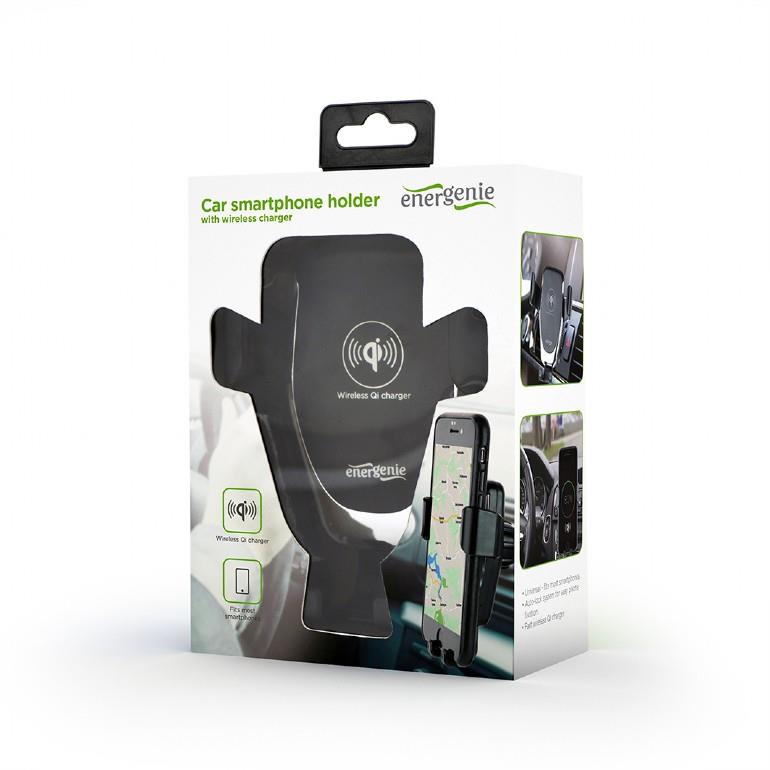 EnerGenie, EG-TA-CHAV-QI10-01, Car smartphone holder with wireless charger, Built-in charger, Universal smartphone car holder with built-in wireless Qi fast charger, 10 W fast wireless Qi charging function to charge your phone while driving, Practical auto-lock system, suitable for use with phones from 65 to 85 mm wide, Rotating/tilting phone holder with secure fixation on almost any air vent, 77 g