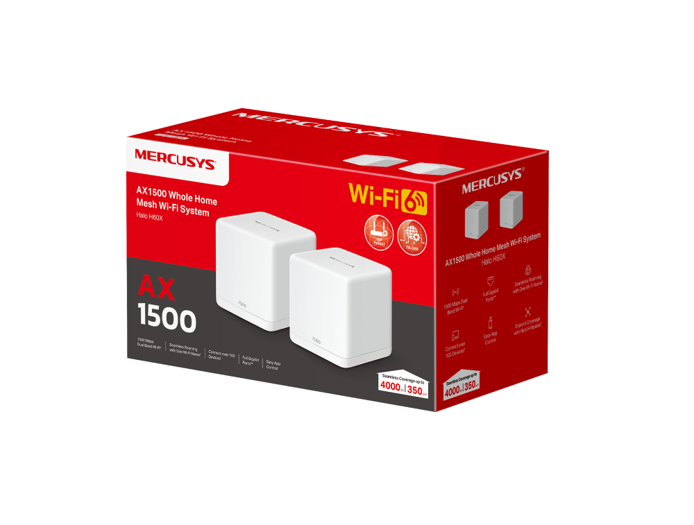 AX1500 Whole Home Mesh WiFi 6 System, Halo H60X (2-pack), 802.11ax, 10/100/1000 Mbit/s, Ethernet LAN (RJ-45) ports 1, Mesh Support Yes, MU-MiMO Yes, No mobile broadband