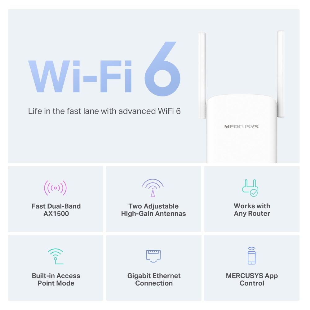 Mercusys AX1500 Wi-Fi 6 Range Extender, ME60X, 802.11ax, 1201 Mbit/s, Ethernet LAN (RJ-45) ports 1, MU-MiMO No, no PoE, Antenna type 2xExternal