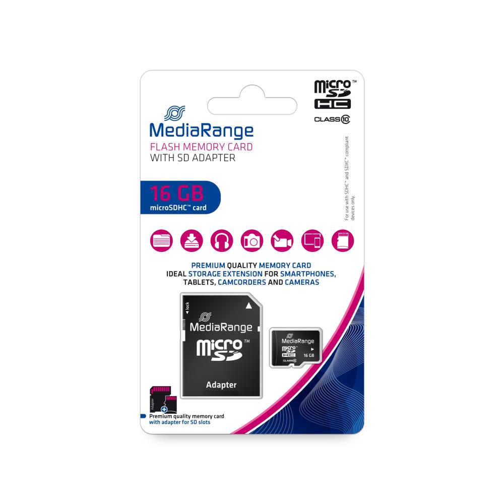 MEDIARANGE MÄLUKAART MICRO SDHC 16GB C10/W/ADAPTER MR958