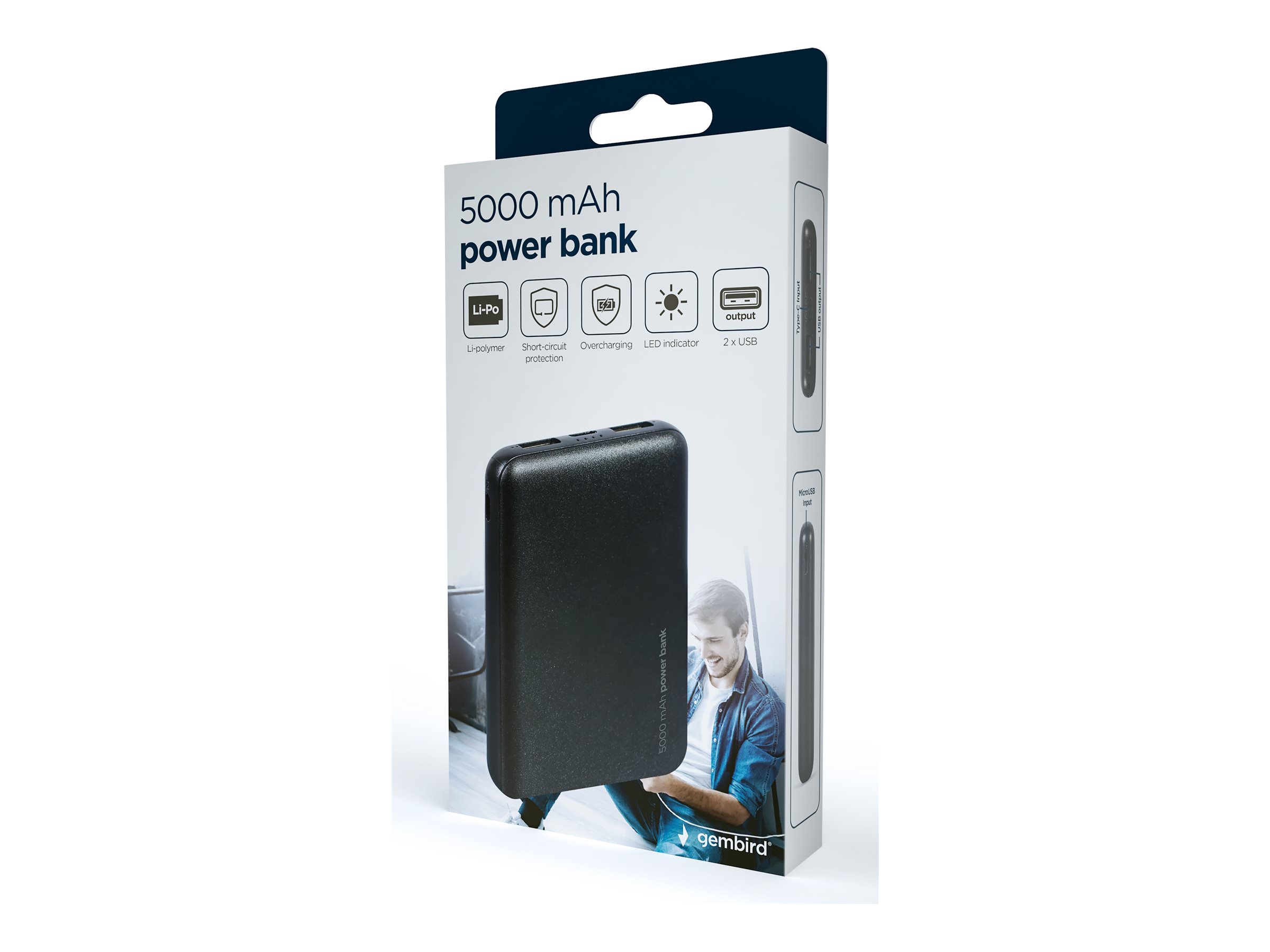 Gembird,  Akupank, PB05-02, 5000 mAh, 2 x USB-AF, Black