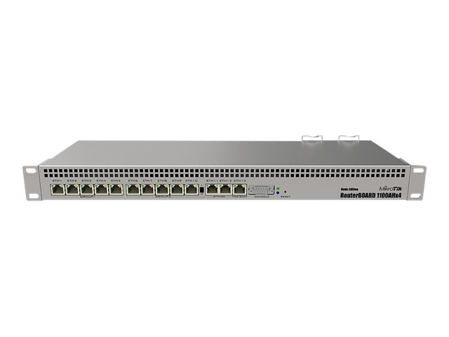 Mikrotik Wired Ethernet Router RB1100AHx4 Dude Edition, 1U Rackmount, Quad core 1.4GHz CPU, 1 GB RAM, 128 MB, 60GB M.2 SSD included, 13xGigabit LAN, 1xSerial console port RS232, 2x SATA3 ports, 2xM.2 slots, PCB Temperature and Voltage Monitor (CAPsMAN, Monitor Devices, Shows Historical Data, Can Write Messeges), IP20, RouterOS L6, Wired Ethernet Router, RB1100AHx4 Dude Edition, No Wi-Fi, 10/100/1000 Mbit/s, Ethernet LAN (RJ-45) ports 13, Mesh Support No, MU-MiMO No, No mobile broadband, 12 month(s)