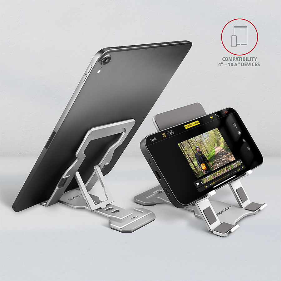 Axagon STND-M PHONE / TABLET STANDAluminum stand for 4“ – 10.5“ phones and tablets. Five adjustable positions.