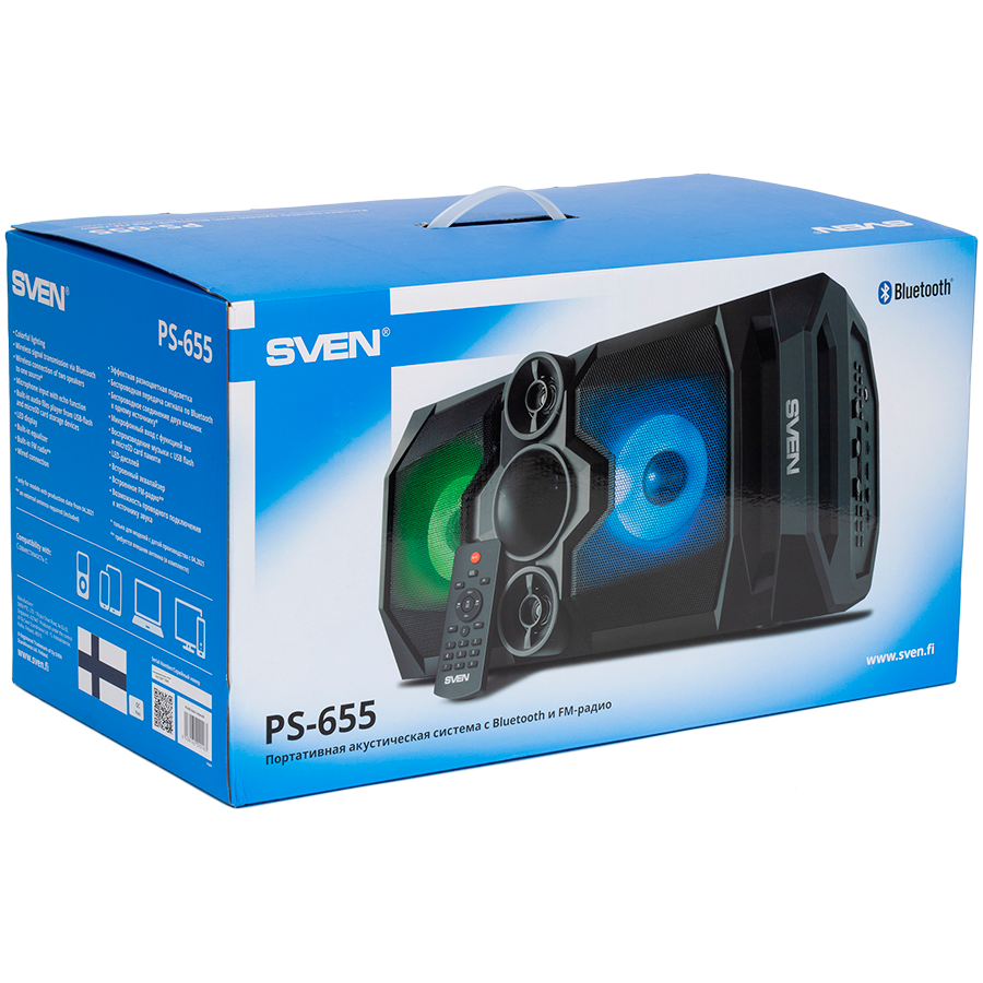 SVEN  PS-655 2x25W; LED display; TWS; FM radio; AUX; USB/SD-card support;Lighting; Microphone input (karaoke); Remote Control; Built-in equalizer