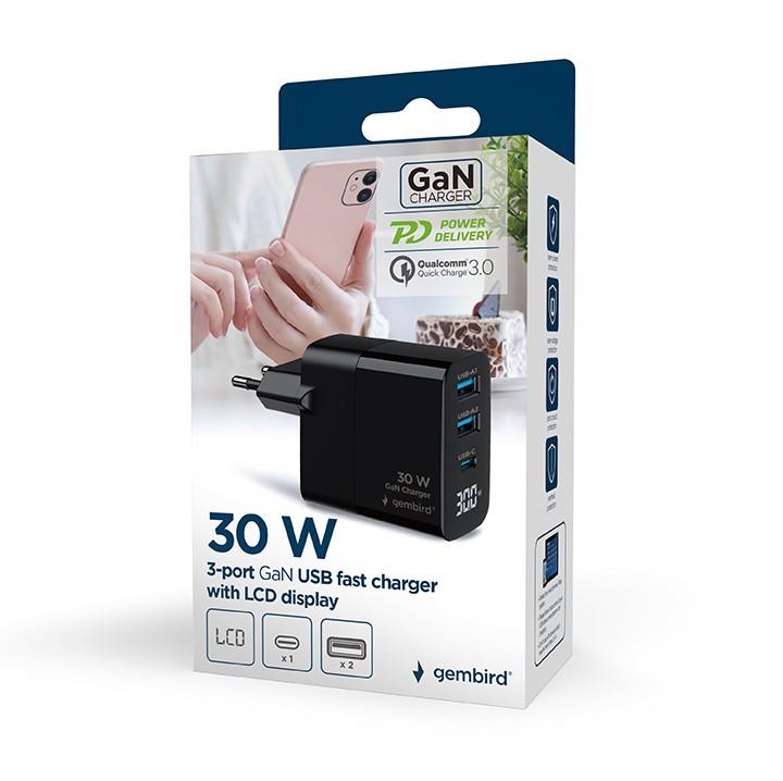 GEMBIRD 3-port 30W GaN USB fast charger