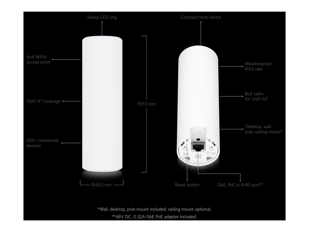 UBIQUITI Access Point, Wi-Fi 5, Wi-Fi 6, IEEE 802.11a/b/g, IEEE 802.11n, 1xRJ45, U6-MESH