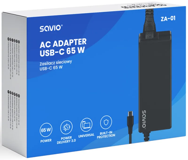 Laptop charger Savio AC adapter USB-C 65W PD
